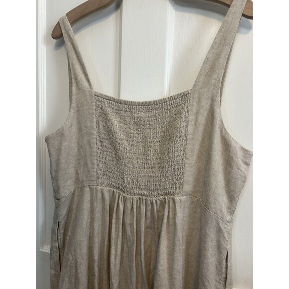 Old Navy XL Beige Linen Smocked Back Midi Dress Pockets Cottage Lagenlook Costal - Picture 5 of 9